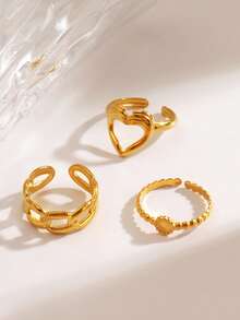 3pcs/Set Stainless Steel 18K Gold Plated Personalized Geometric Heart Rings Set, Suitable For Women's Daily And Party Wear High-End Jewelry - Yellow Gold - View 3