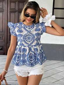 Blusa casual con mangas cortas y bordado para mujer de vacaciones - Azul y blanco - Ver 3