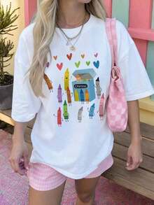 Camiseta de Verano para Mujer, Cuello Redondo, Manga Corta, con Estampado de Crayones, Uso Diario Casual, Blanca - Blanco - Ver 1