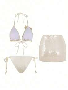 Swim Set de 3 piezas Nuevo traje de baño de verano con bikini triangular con empuje hacia arriba, bordado floral y tela brillante con lentejuelas para mujeres - Albaricoque - Ver 1
