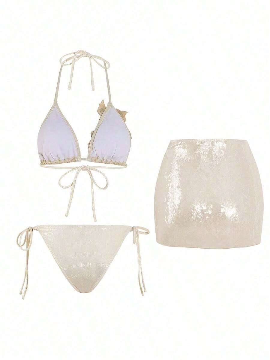 Swim Set de 3 piezas Nuevo traje de baño de verano con bikini triangular con empuje hacia arriba, bordado floral y tela brillante con lentejuelas para mujeres - Albaricoque - Ver 1