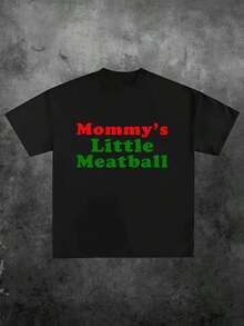 Mommy's Little Meatball, Casual Print, Comfortable And Versatile, 220g Pure Cotton Printed T-Shirt With Letter Pattern - 黑色 - 查看 12