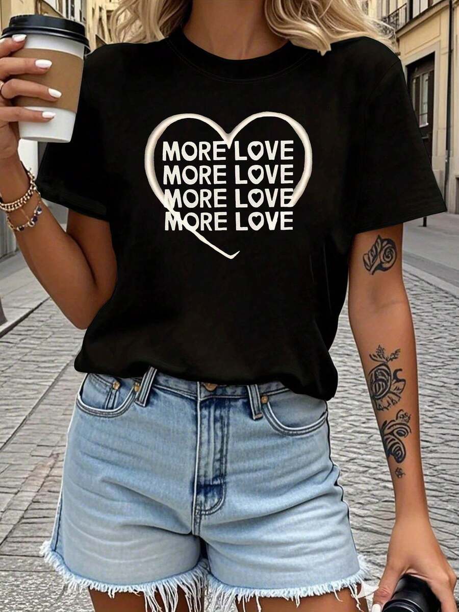 Women's Tops, Women's T-Shirts, Mother's Day, Casual Blouses For Ladies, Women's Tops, 2000s Style, 'More Love Repeat' Graphic Print T-Shirt, Women's Casual Short Sleeve Crew Neck T-Shirt, Spring-Summer, For Everyday Wear, Holiday Gift. - 黑色 - 查看 1