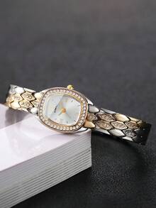 1 pieza Reloj de cuarzo con incrustaciones de rhinestone para mujer, esfera con números romanos, reloj de lujo, regalo para amigos (1 pieza/set) No incluye caja de reloj - Multicolor - Ver 4
