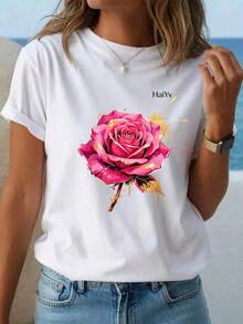 Limited Time Offer, Limited Quantity Available, Flash , Women's Shirts, Women's T-Shirts. Women's Oversized White T-Shirt, Short Sleeve, Round Neck, Pink Rose Print With Gold And Graffiti Details, Casual Elegant Style For Everyday Wear - 白色 - 查看 9
