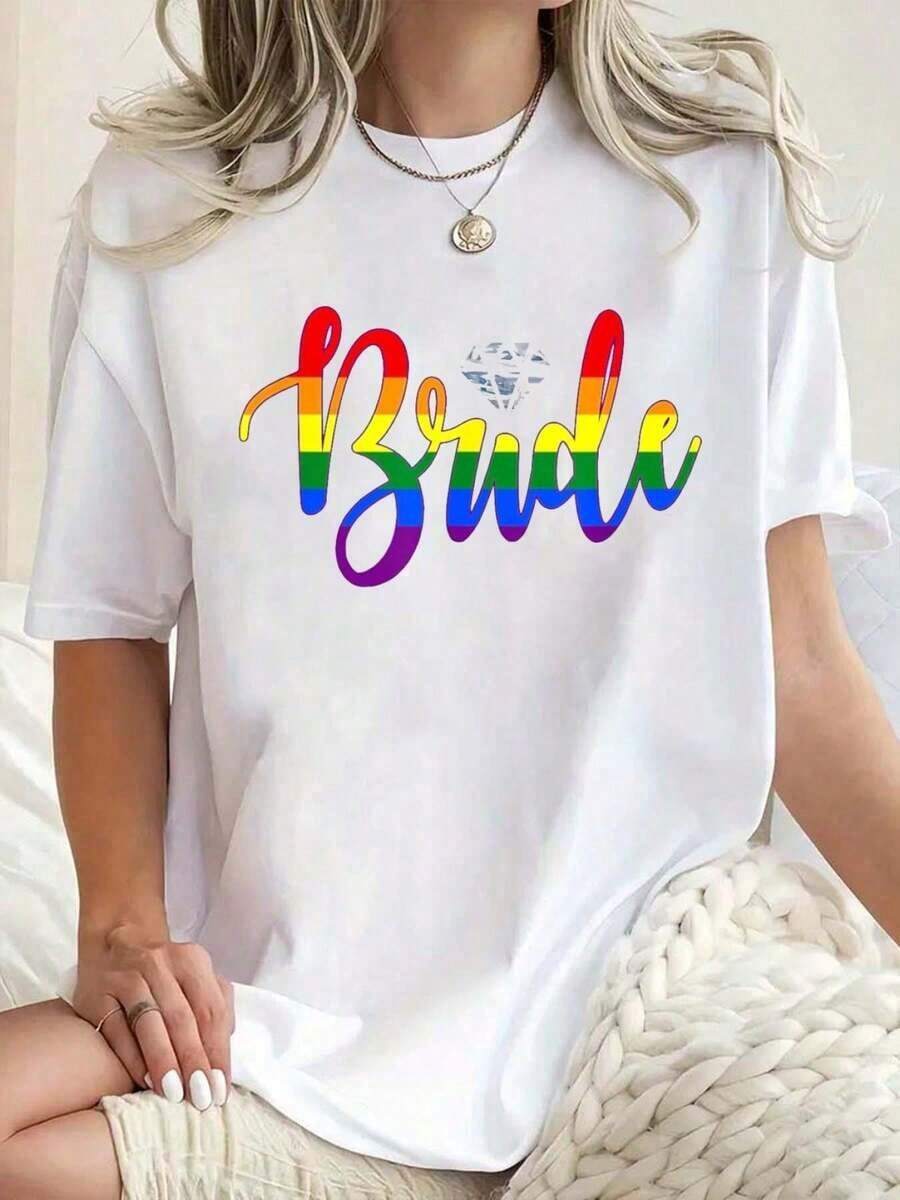 Lesbian Bride T-Shirt, LGBTQ+ Rainbow Wedding Print T-Shirt For Gay Pride, Comfortable Short Sleeve Crew Neck T-Shirt For Spring And Summer, Women's Clothing. - 白色 - 查看 1