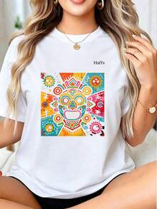 Limited Time Offer, Limited Quantity Available, Lightning, Women's Shirts, Women's T-Shirts. Women's Oversized Black T-Shirt, Short Sleeve, Round Neck, Colorful Graffiti  Mask Print, Casual Mexican Style For Everyday Wear - 白色 - 查看 2