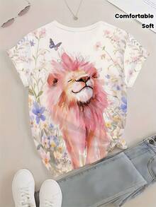 [Women's T-Shirt] Women's Standard T-Shirt With Artistic Design Of A Pink-Maned Lion, Flowers, And Butterflies In Watercolor Style | Comfortable Fabric, Short Sleeves, White Background | Cool And Soft Style - 白色 - 查看 1