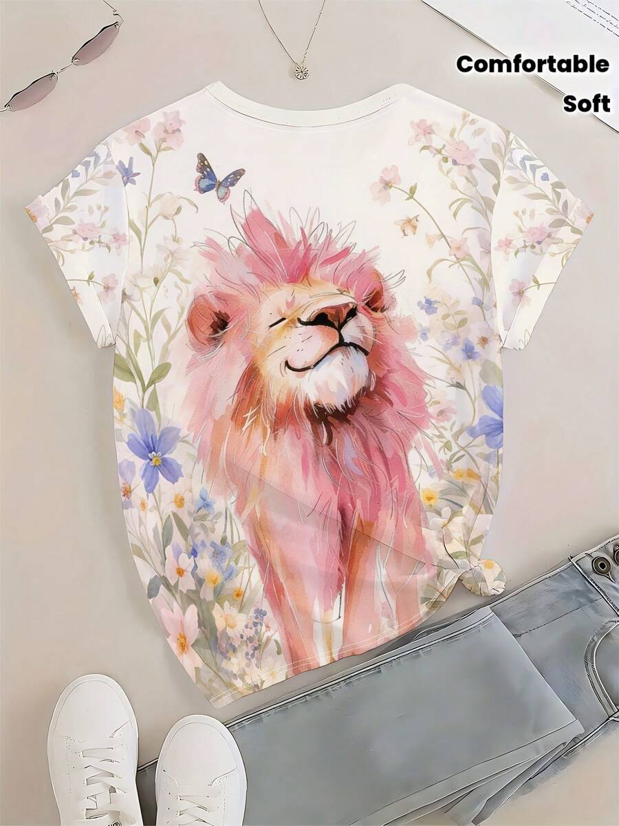 [Women's T-Shirt] Women's Standard T-Shirt With Artistic Design Of A Pink-Maned Lion, Flowers, And Butterflies In Watercolor Style | Comfortable Fabric, Short Sleeves, White Background | Cool And Soft Style - 白色 - 查看 1