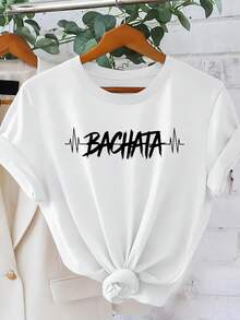 Women's Short-Sleeved T-Shirt With Dynamic ECG Bachata Dance Style Print And Round Neck, Loose-Fitting Casual Elegant Top For Parties And Holidays, Everyday Women's Clothing, Simple And Versatile Spring/Summer 2026 Fashion, Sizes S-XXL - 白色 - 查看 1