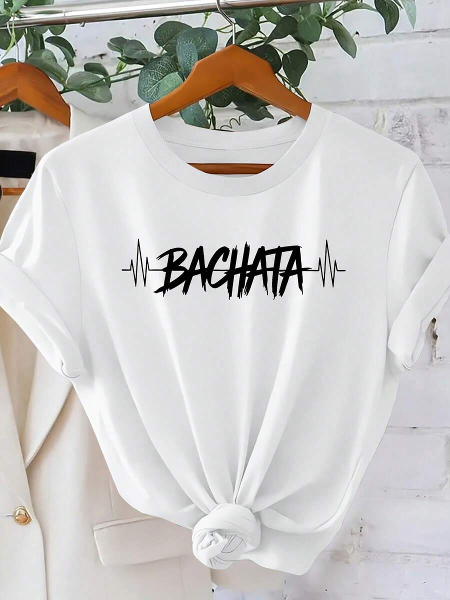Women's Short-Sleeved T-Shirt With Dynamic ECG Bachata Dance Style Print And Round Neck, Loose-Fitting Casual Elegant Top For Parties And Holidays, Everyday Women's Clothing, Simple And Versatile Spring/Summer 2026 Fashion, Sizes S-XXL - 白色 - 查看 1