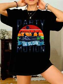Women's Short Sleeve T-Shirts, Casual Summer T-Shirts With Retro Graphic Print, For Parties, Cotton, Loose Fit, For Daily Wear, Round Neck, Printed, Short Sleeve, Casual For Everyday, They Are Excellent Gifts For Friends And Family, 100% Cotton T-Shirts, Youthful And Fashionable Design, Casual Blouses For Women. - 黑色 - 查看 6