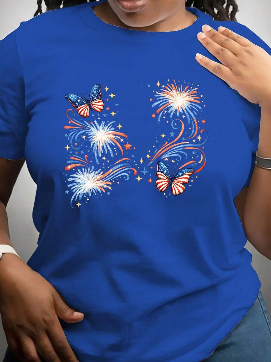 Women's Short Sleeve Independence Day T-Shirt, Commemorative National Flag T-Shirt, Crew Neck Style, Comfortable And Soft Fabric, Suitable For Independence Day, The Fourth Of July, Memorial Day, Presidents' Day, And Children's Celebrations. Casual Women's Blouse - 藍色 - 查看 1