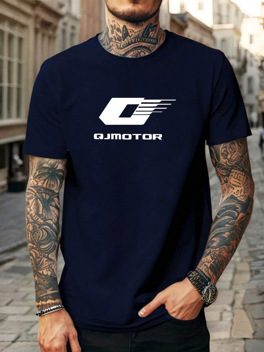 Men's Casual Summer Short Sleeve Crew Neck T-Shirt With QJmotor Logo - 海軍藍 - 查看 1