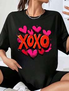 Xoxo Love Hearts Graphic T-Shirt For Women, Casual Style, Plus Size, Valentine's Day Gift For Her, Urban Fashion Top - 黑色 - 查看 7