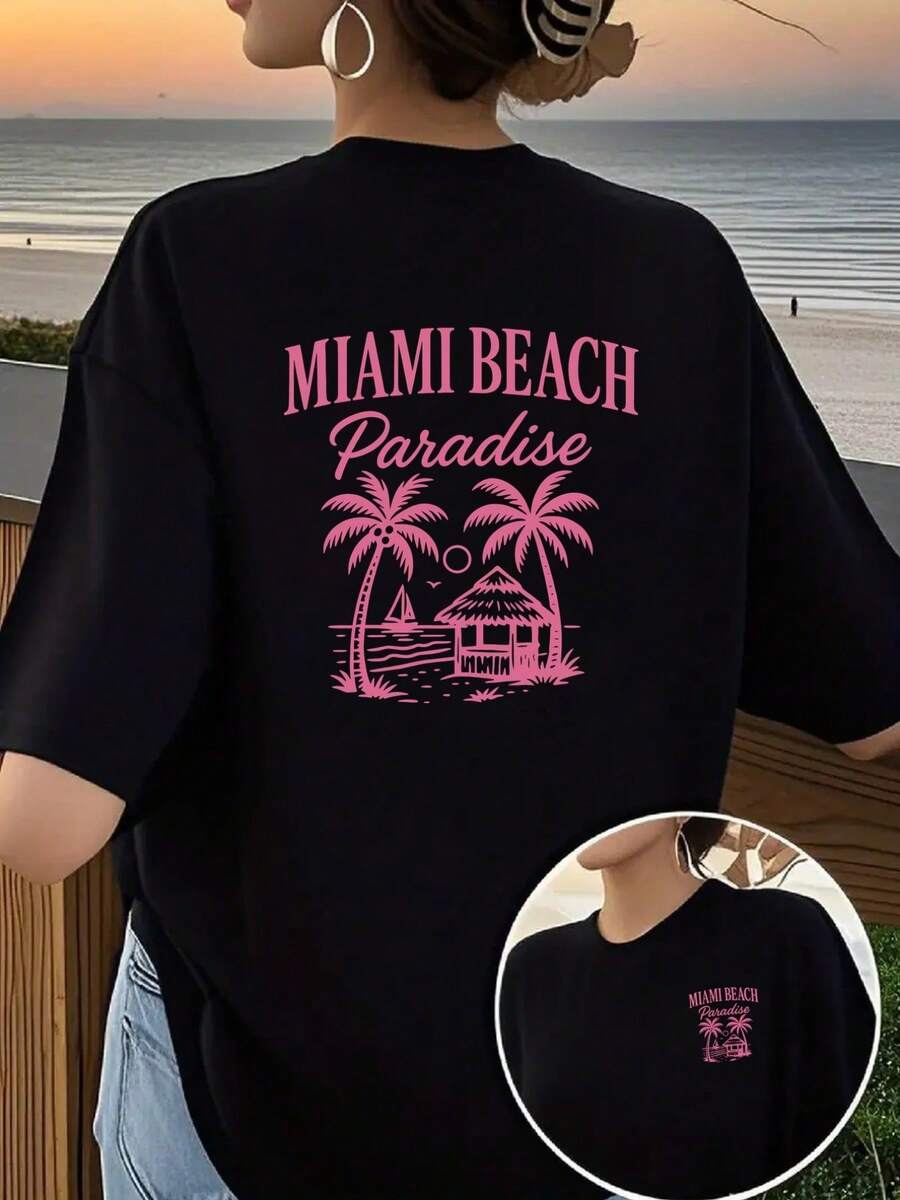 Women's Loose-Fitting Short-Sleeved T-Shirt, 100% Cotton, In A Sweet And Pink Color, Featuring A Miami Beach Paradise Palm Tree And Tree House Print On The Front And Back. This Breathable T-Shirt Is Perfect For Summer Beach Vacations And Includes A Lettering Design. Made From Breathable Fabric, This Stylish Short-Sleeved T-Shirt Is Suitable For Back To School, Ideal For Outdoor Activities, And Makes A Perfect Gift. - 黑色 - 查看 1