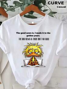 Funny, Soft, And Self-Deprecating Duck T-Shirt, 200g Pure Cotton. The Good News Is I've Reached My Golden Years, The Bad News Is I'm Broke. Cartoon Duck Print, Unisex Casual Short-Sleeved Crew Neck T-Shirt, Stylish Blouses For Women. - 白色 - 查看 7