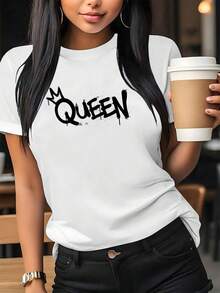 Women's Casual Short-Sleeved Cotton T-Shirt With Eye-Catching "QUEEN" Print - White Crew Neck Top, Machine Washable, Medium Stretch, Suitable For Everyday Wear In Spring And Summer, Comfortable Fit. Simple T-Shirt For Everyday Use. - 白色 - 查看 1