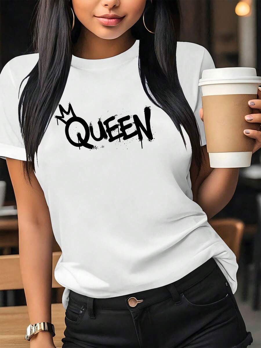 Women's Casual Short-Sleeved Cotton T-Shirt With Eye-Catching "QUEEN" Print - White Crew Neck Top, Machine Washable, Medium Stretch, Suitable For Everyday Wear In Spring And Summer, Comfortable Fit. Simple T-Shirt For Everyday Use. - 白色 - 查看 1