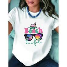 Beach Graphic T-Shirt With Retro Sunglasses Print, Tropical Sunset And Coconut Tree, Soft, Casual, Short Sleeve, For Summer Vacation - Urban Vintage Style, Unisex, Cotton, Crew Neck, Short Sleeve - 白色 - 查看 2