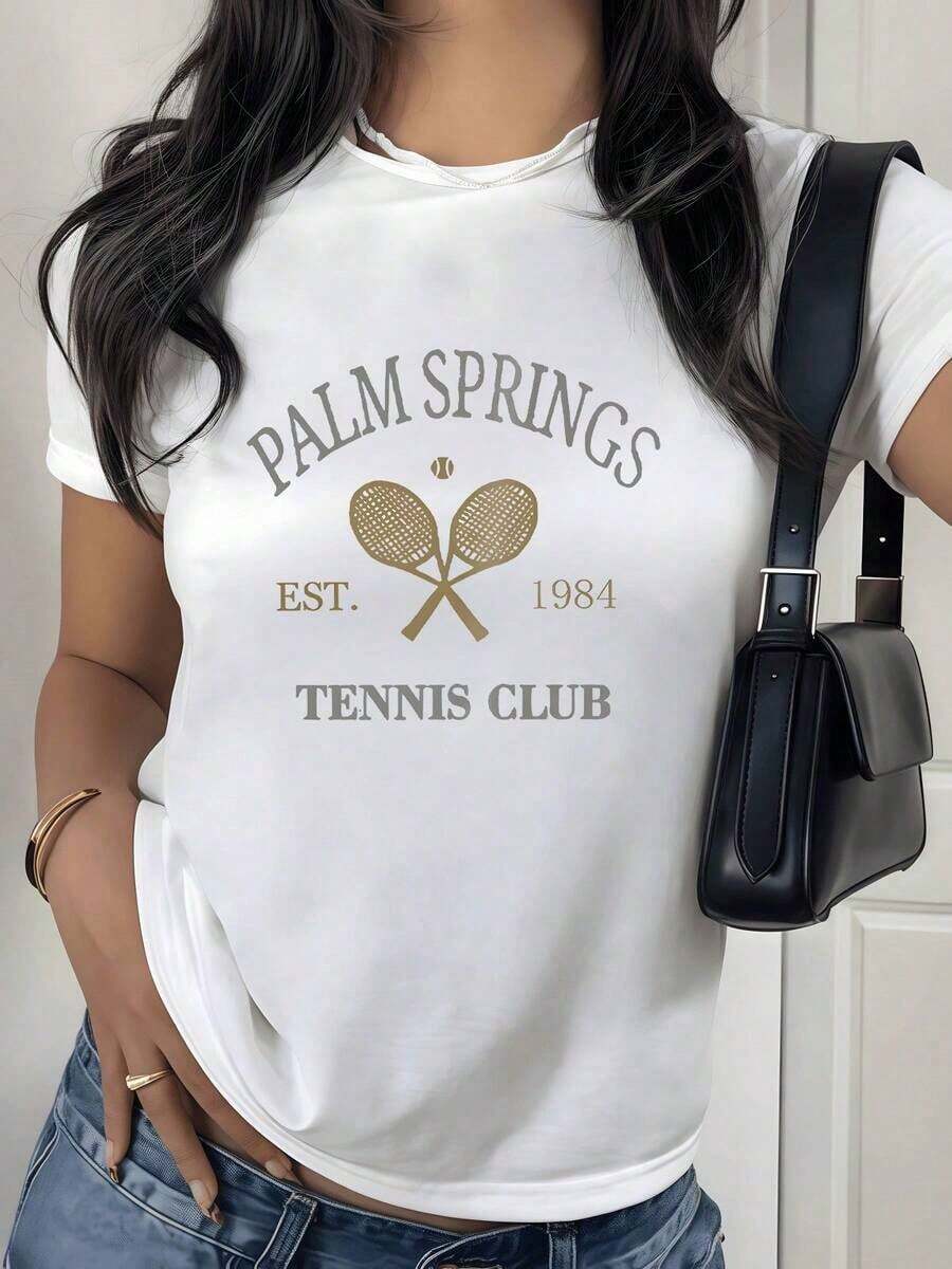 100% Cotton. Two Crossed Golden Rackets With A Ball Symbolize Passion And Sporting Energy At The Palm Springs Tennis Club Since 1984. Women's 100% Cotton Soft And Comfortable T-Shirt. Women's Simple Solid Color T-Shirt, Loose And Slim Fit Casual Short Sleeve - 白色的 - 查看 1