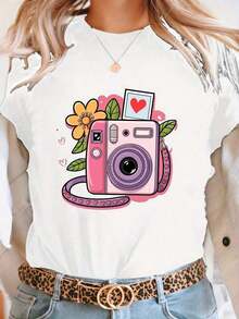 100% Cotton 1 Piece Women's Short Sleeve T-Shirt With Camera And Heart Print - Casual Round Neck Top For Summer And Spring, Medium Stretch Blouse For Photoshoots And Casual Wear - Machine Washable, Instant Camera Set G 100% Soft Cotton Women's Simple Solid Color T-Shirt, Loose And Slim Fit Casual Short Sleeve - 白色的 - 查看 1