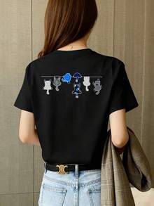 Camiseta negra informal de manga corta con cuello redondo para hombre,Camisetas Para Mujer Camiseta divertida con diseño de gatos, estilo moderno, algodón suave, gráfica colorida, uso diario, mujeres y hombres, tallas disponibles S a XL, color negro, moda urbana,  actual. - Negro - Ver 1