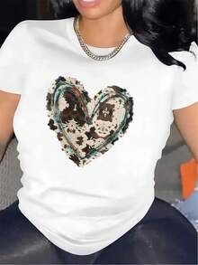 1 Short-Sleeved T-Shirt With Heart-Shaped Design | Fabric Material, Lightweight And Durable, Very Suitable For Casual Wear At Home, In Restaurants Or Offices, Round Neck, Medium Elasticity, 180g 100% Cotton. - 白色 - 查看 11