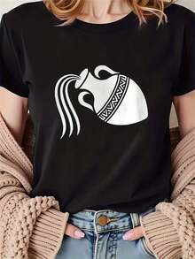 T-Shirt With Greek Key Design And Ancient Greek Keyhole - Casual Short Sleeve Crew Neck Top With White Greek Key Pattern, Durable Fabric, Summer Fashion, Comfortable Fit, Elegant Lettering, Everyday Outfit For Women > Clothing - 黑色 - 查看 7