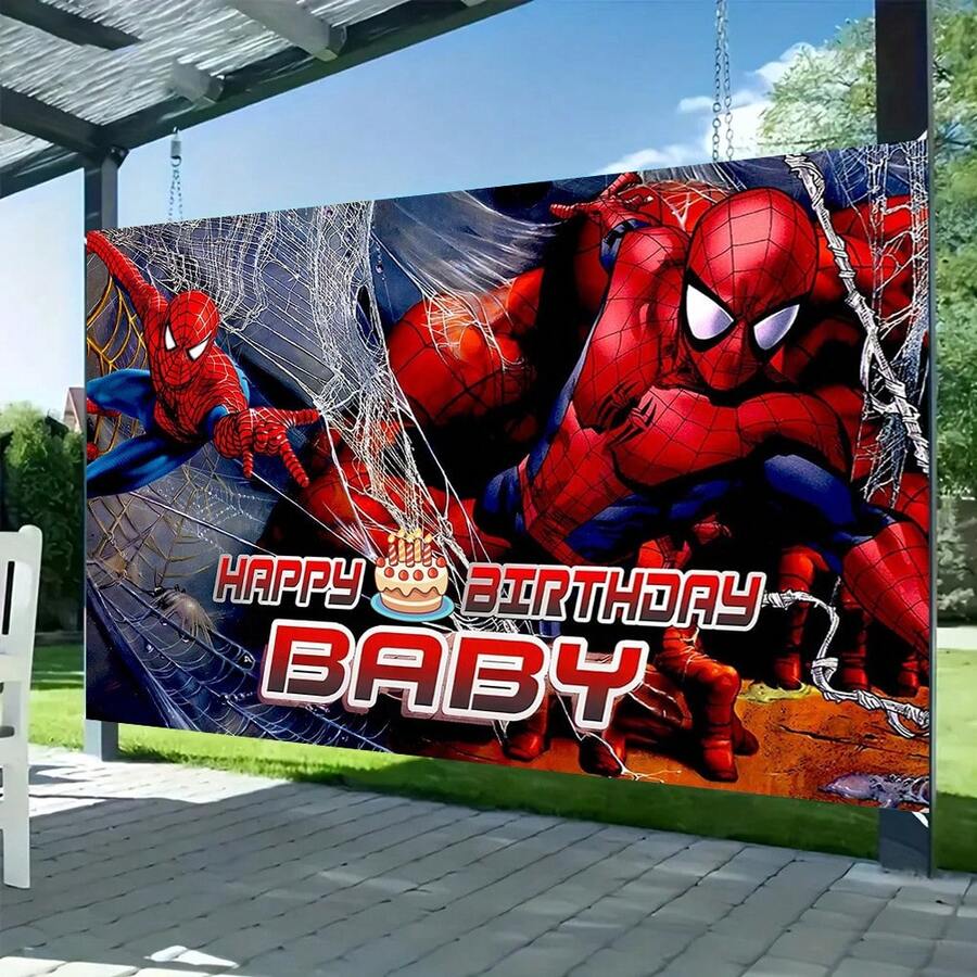 1pc Spider-Man Happy Birthday Backdrop Marvel Superhero Boy Party Decoration Cartoon Photography Background Indoor Holiday Gathering Scene Layout Cake Table Wall Tapestry Anime Fan Birthday Party Props Wall Hanging Decor - Nhiều màu - Xem 1