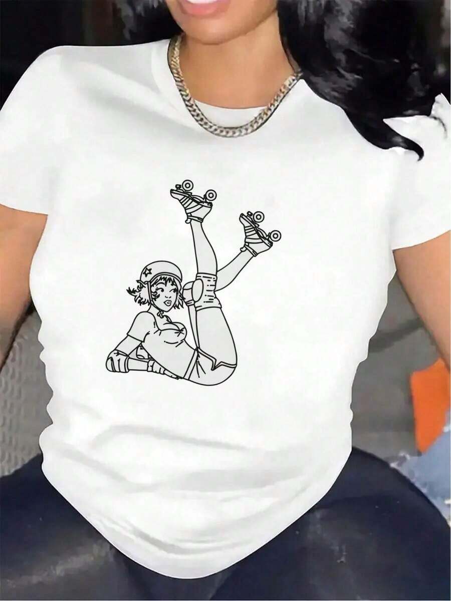 Premium 100% Cotton Short-Sleeved T-Shirt With A Roller Skating Design. Lightweight And Suitable For Casual Wear At Home Or In Restaurants, Comfortable And Fitted For Everyday Use. A Casual And Comfortable Summer T-Shirt For Women, With A Loose-Fitting Crew Neck. Great Gift Idea. - 白色 - 查看 1