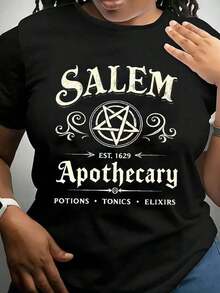 Women's Black Short-Sleeved T-Shirt, 100% Premium Cotton, Featuring A Vintage "Salem Apothecary" Logo, Pentagram Design, And The Text "Potions • Tonics • Elixirs" – Gothic Witchcraft Art Style. This Casual Crew Neck T-Shirt Is Designed Specifically For Women And Is Machine Washable, Making It Perfect For Everyday Casual Wear And Vacations. Gift Idea - 黑色 - 查看 1