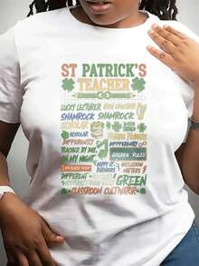 Plus Size Women's Irish St. Patrick's Day Print T-Shirt - Short Sleeve Crew Neck Tee, Suitable For Irish Theme Parties, Daily Wear And Teacher Gifts.| Machine Washable, Suitable For All Seasons (Casual Solid Color Base Layer). - 白色 - 查看 6