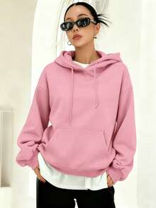 Áo nỉ ấm áp cho nữ, Áo cotton nữ, Áo hoodie dáng rộng hở vai, Họa tiết động vật hoạt hình, Lớp lót lông cừu dày cho mùa thu/đông, Mũ trùm đầu có dây rút, Đồ thể thao rộng rãi, Đa năng, Cổ điển, Phong cách đại học, Áo dài tay thích hợp cho thời tiết lạnh, Đồ thể thao thời trang đường phố cho nữ, Trang phục ngày lễ - Hồng - Xem 2