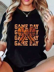 Plus Size - Women's Basketball Jersey - 'GAME DAY' Graphic Design T-Shirt With Stretch Fabric, Orange And Black Basketball Court Design, For Fans, Casual Everyday And Game Day Wear - Comfortable Fit For All Seasons, Basketball Jersey, Fan Merchandise, Design, Durable Print, Game Day Apparel, Crew Neck T-Shirt, Comfortable Fit, Fan Clothing, Enthusiasts - 黑色 - 查看 6