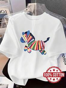| Exquisite Design | Loose And Comfortable | Easy To Match | TH548 New Women's T-Shirt, Watercolor Pony Print, Casual And Fashionable Printed T-Shirt, 100% Round Neck And Short Sleeve, Sweat-Absorbing And Breathable, Casual Loungewear, Comfortable, Stylish And Unique, Suitable For Spring, Summer And Autumn, Versatile Short-Sleeve Sports T-Shirt, Breathable And Sweat-Absorbing, Can Also Be Used As A Base Layer In Autumn And Winter. - 白色 - 查看 1