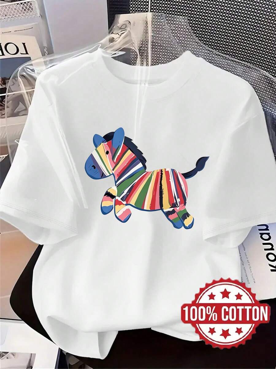 | Exquisite Design | Loose And Comfortable | Easy To Match | TH548 New Women's T-Shirt, Watercolor Pony Print, Casual And Fashionable Printed T-Shirt, 100% Round Neck And Short Sleeve, Sweat-Absorbing And Breathable, Casual Loungewear, Comfortable, Stylish And Unique, Suitable For Spring, Summer And Autumn, Versatile Short-Sleeve Sports T-Shirt, Breathable And Sweat-Absorbing, Can Also Be Used As A Base Layer In Autumn And Winter. - 白色 - 查看 1