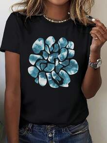 | Exquisite Design | Loose And Comfortable | Easy To Match | Teediy Women's T-Shirt With Abstract Geometric Tie-Dye And Marble Pattern - 100% Cotton, Comfortable Fit, Short Sleeve, Casual Top, Machine Washable For All Seasons, Women's T-Shirt, Casual Wear, Loose Fit, Geometric Design, Breathable Material, Printed T-Shirt, For Streetwear Enthusiasts, Women's Fashion - 黑色 - 查看 1
