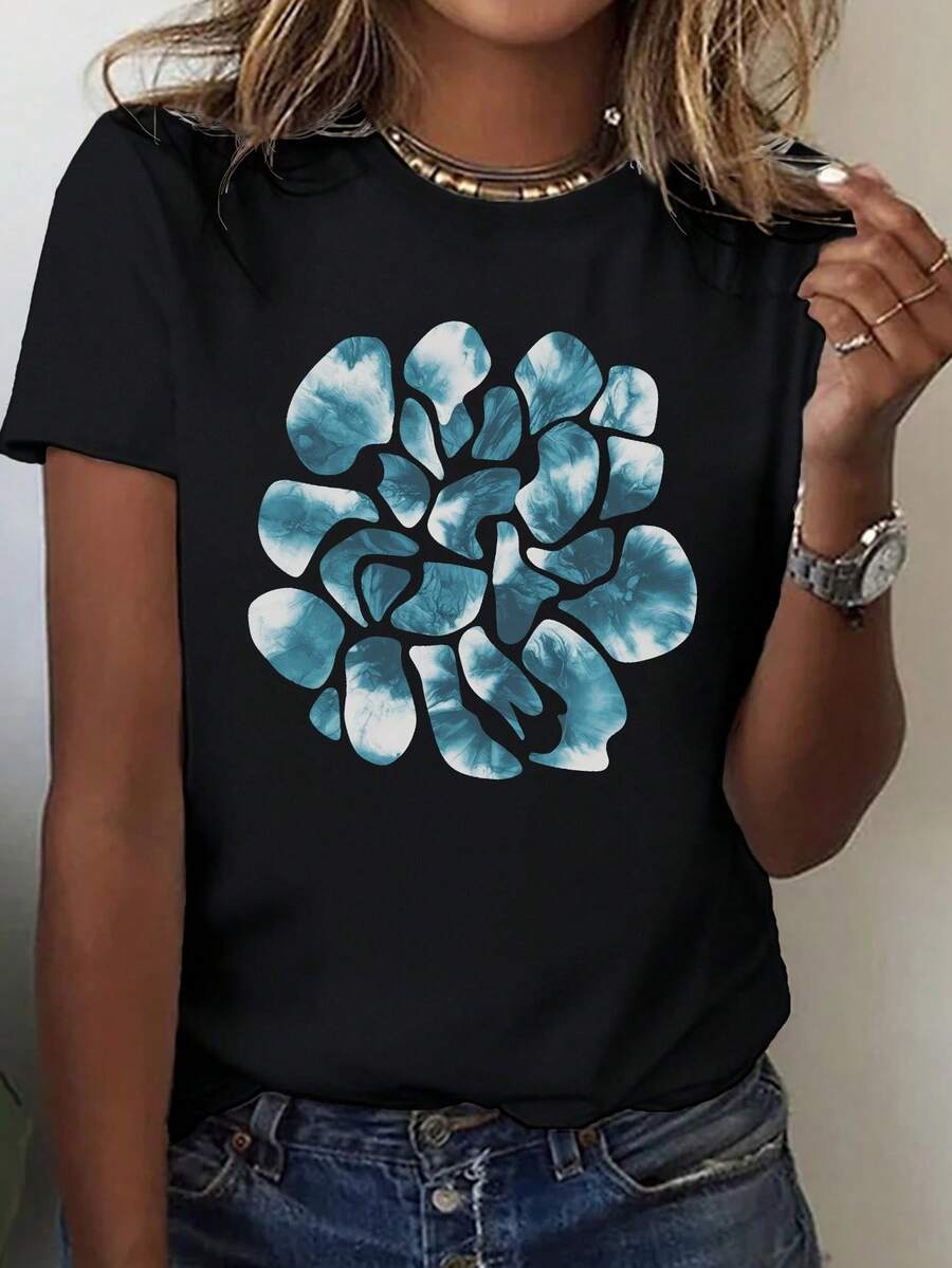 | Exquisite Design | Loose And Comfortable | Easy To Match | Teediy Women's T-Shirt With Abstract Geometric Tie-Dye And Marble Pattern - 100% Cotton, Comfortable Fit, Short Sleeve, Casual Top, Machine Washable For All Seasons, Women's T-Shirt, Casual Wear, Loose Fit, Geometric Design, Breathable Material, Printed T-Shirt, For Streetwear Enthusiasts, Women's Fashion - 黑色 - 查看 1