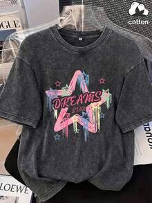 Camiseta vintage lavada para mujer, manga corta estampada "Dreams Star" XINGX, estilo urbano Y2G - Negro - Ver 1