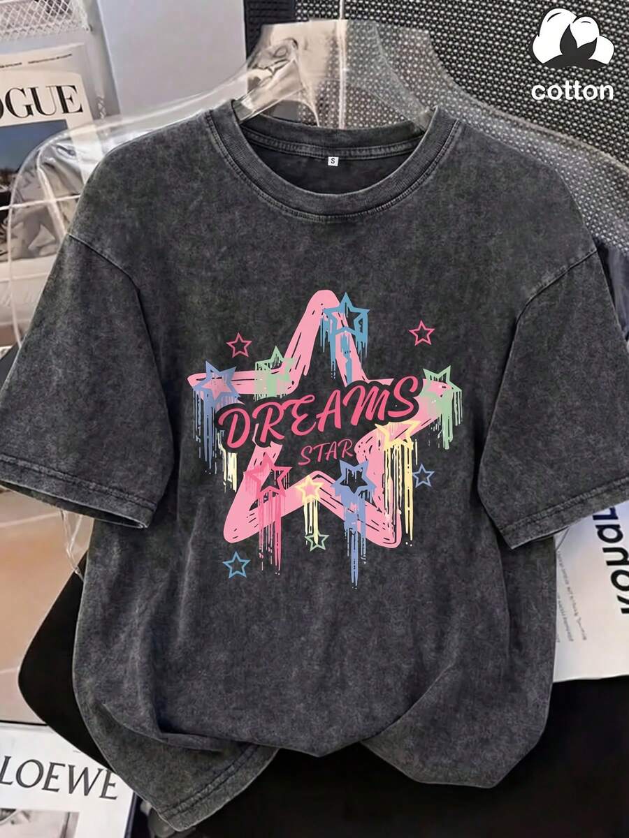Camiseta vintage lavada para mujer, manga corta estampada "Dreams Star" XINGX, estilo urbano Y2G - Negro - Ver 1