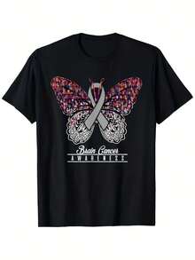 | Exquisite Design | Loose And Comfortable | Easy To Match | Women's Butterfly Design T-Shirt For Brain Cancer Awareness - 100% Cotton, Short Sleeve, Round Neck, Black With Butterfly Pattern And Colorful Ribbons, Casual Knit Top Suitable For All Seasons. - 黑色 - 查看 1