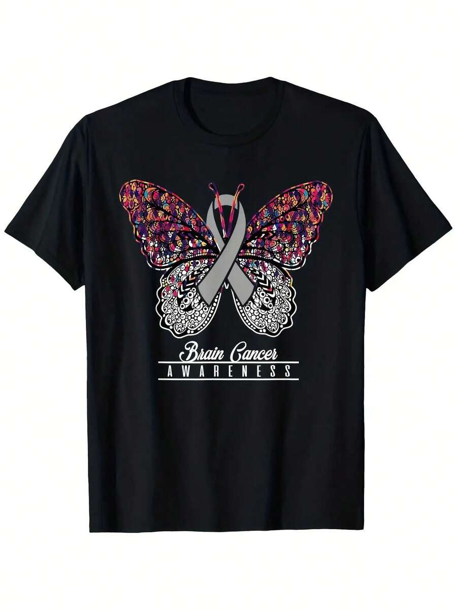 | Exquisite Design | Loose And Comfortable | Easy To Match | Women's Butterfly Design T-Shirt For Brain Cancer Awareness - 100% Cotton, Short Sleeve, Round Neck, Black With Butterfly Pattern And Colorful Ribbons, Casual Knit Top Suitable For All Seasons. - 黑色 - 查看 1