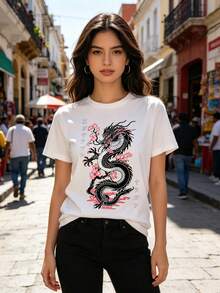 Limited Time Offer, Limited Quantities, Flash ! Women's Casual Shirts, Women's Polyester T-Shirts, Elegant Shirts. Cherry Blossom And Black Dragon Print T-Shirt, Casual Short-Sleeve Crew Neck Top, Suitable For Spring And Summer Wear, Women's Clothing - 白色 - 查看 1