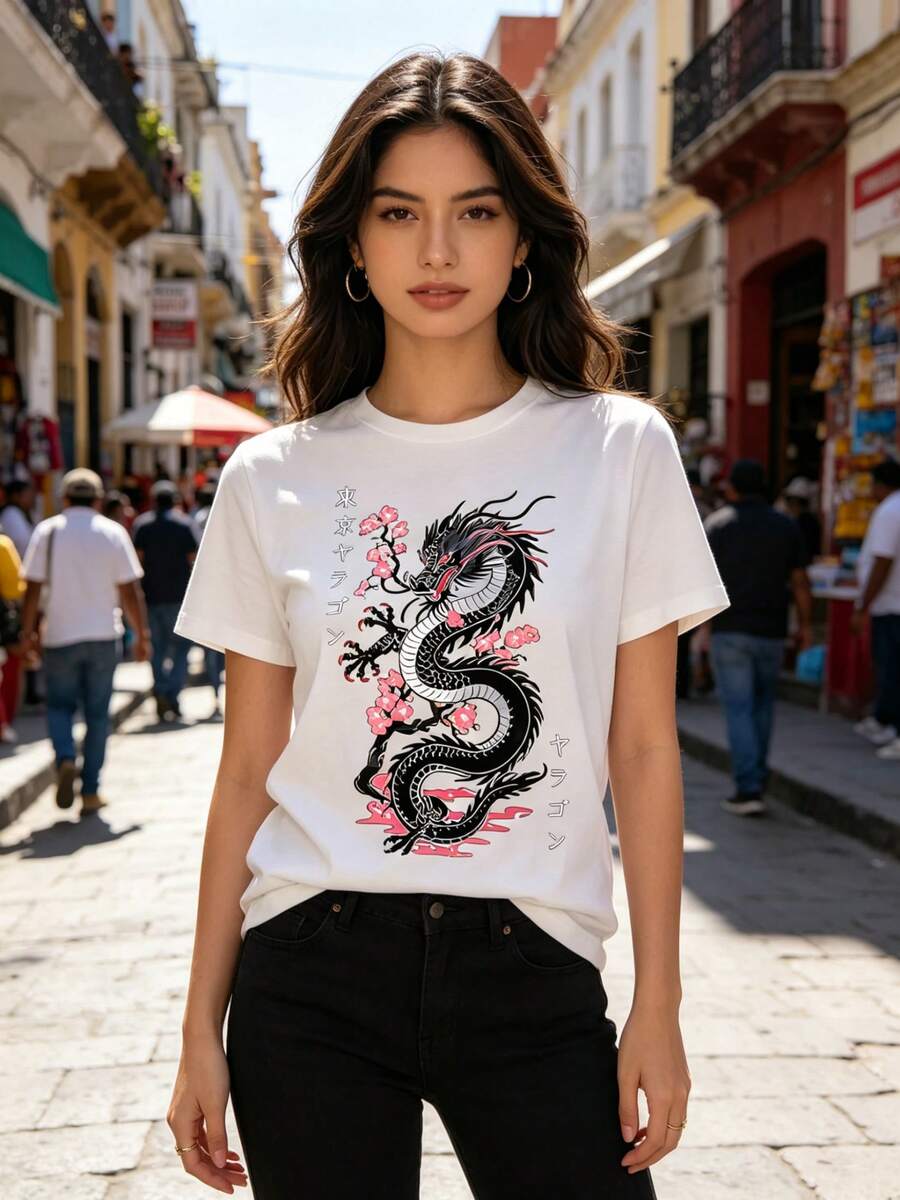 Limited Time Offer, Limited Quantities, Flash ! Women's Casual Shirts, Women's Polyester T-Shirts, Elegant Shirts. Cherry Blossom And Black Dragon Print T-Shirt, Casual Short-Sleeve Crew Neck Top, Suitable For Spring And Summer Wear, Women's Clothing - 白色 - 查看 1