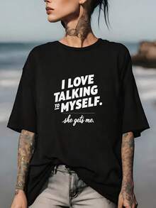 Funny 180g T-Shirt With The Phrase "I Like To Chat To Myself" - A Perfect Gift For Friends And Family, Ideal For Holidays And Team Outings, Modern Summer Style, Lightweight, Comfortable And Durable T-Shirt. - 黑色 - 查看 7