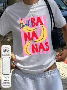 "That's Bananas" Printed Casual T-Shirt, Fresh And Sweet Style, Women's Summer Clothes, Women's Vacation Outfits, Women's Beach Outfits, Round Neck, 100% Cotton, Soft Fabric, Short Sleeve - 白色 - 查看 4