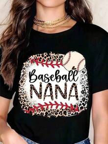 Leopard Baseball T-Shirt Nana, Baseball T-Shirt Nana, Leopard Baseball T-Shirt Nana, Baseball T-Shirt Nana, Leopard Baseball Unisex T-Shirt, Suitable For Casual Daily Outings, Short Sleeve Summer T-Shirt, Retro Y2K Print T-Shirt, Casual Printed T-Shirt For Women, Short Sleeve And Round Neck, Local Spring/Summer Urban Fashion. - 黑色 - 查看 6