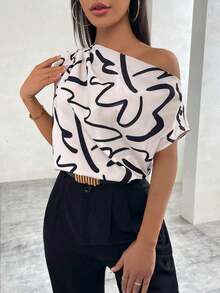 Blusa de mujer con estampado floral, cuello asimétrico y manga corta - Blanco y Negro - Ver 4