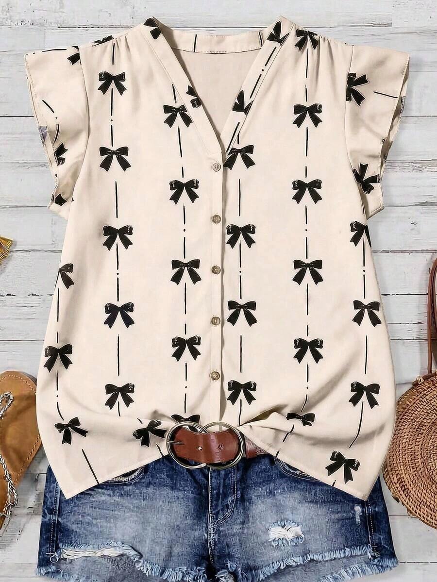 Clasi Blusa de mujer de verano con cuello en V y mangas cortas con estampado floral - Albaricoque - Ver 1